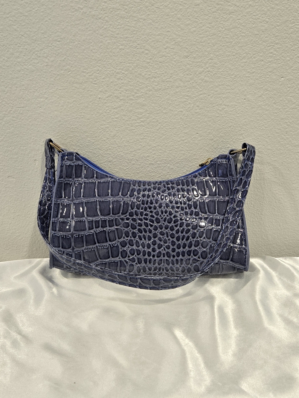 Croc-Embossed Glossy Navy Shoulder Bag
